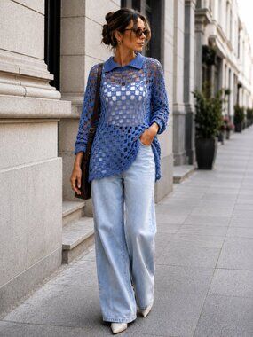 Handmade Cotton Mesh Sweater – Open Knit Crochet Polo Pullover Size L
